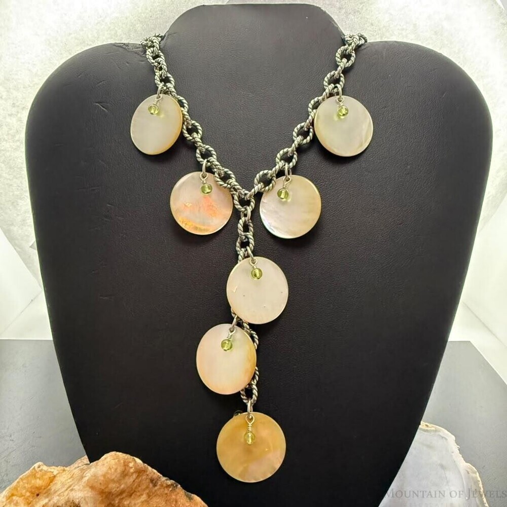 Carolyn Pollack Sterling Silver MOP Disc,Peridot Twisted Link Chain 20" Necklace